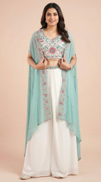 Mint & White Floral Embroidered Palazzo Set with Shrug