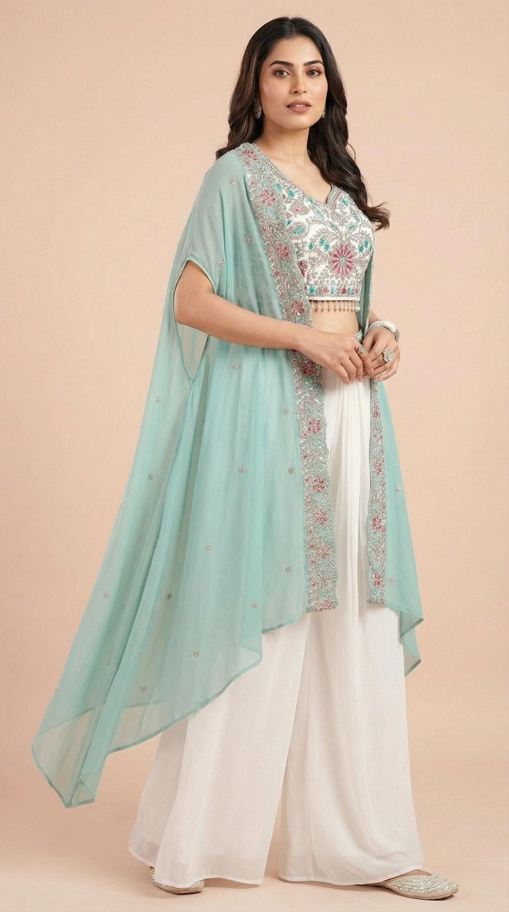 Mint & White Floral Embroidered Palazzo Set with Shrug