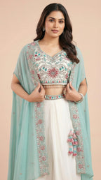 Mint & White Floral Embroidered Palazzo Set with Shrug