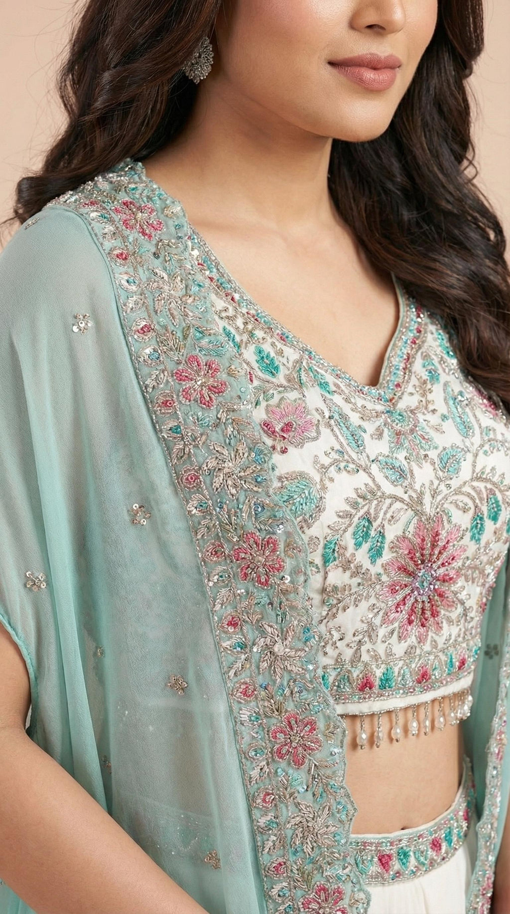 Mint & White Floral Embroidered Palazzo Set with Shrug