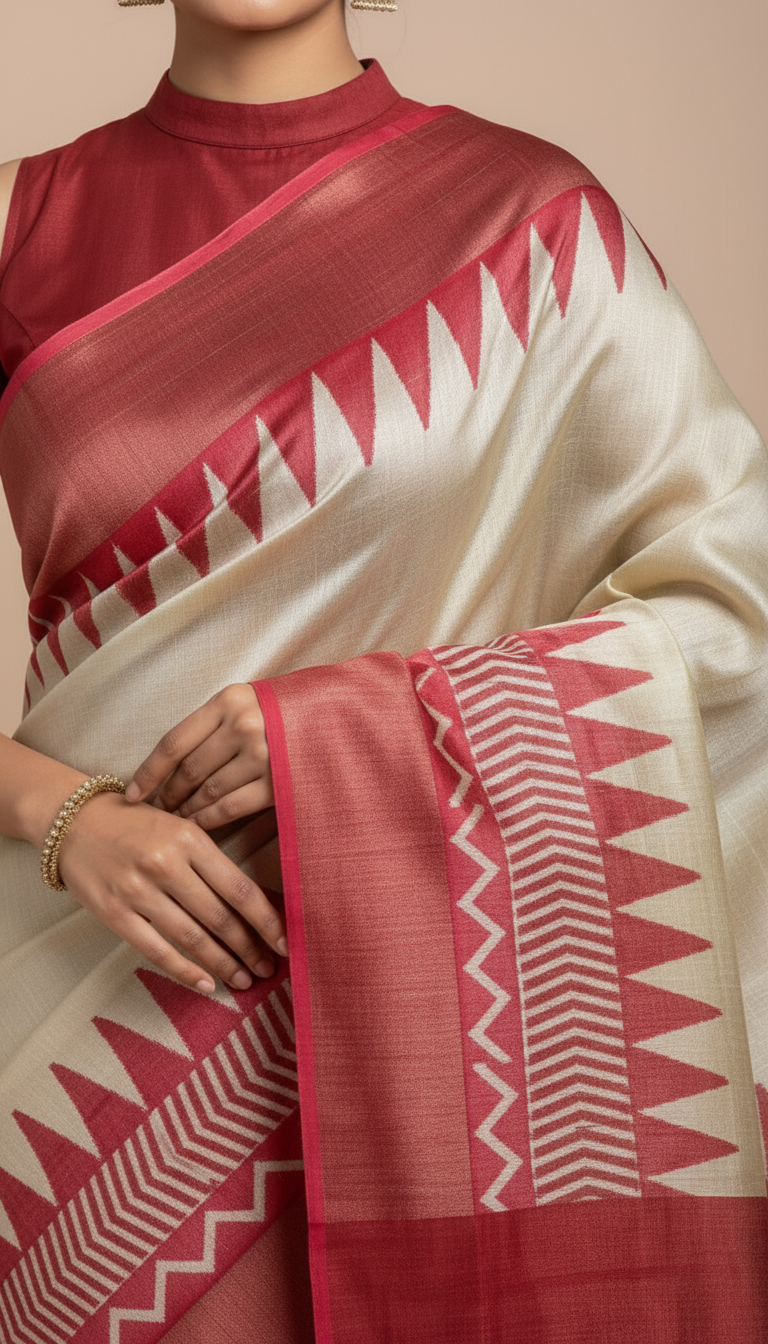 Bhagalpuri Tussar Silk Saree with Maroon Temple & Chevron Border