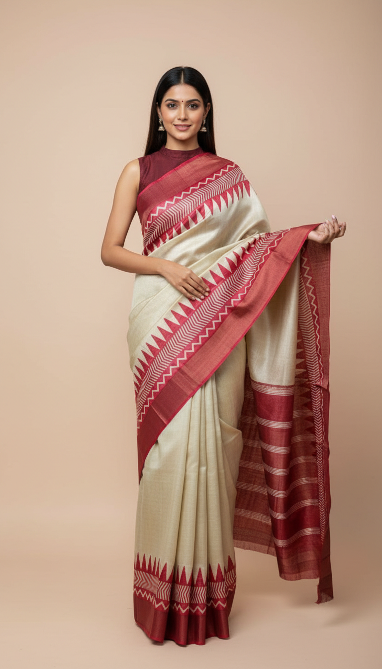 Bhagalpuri Tussar Silk Saree with Maroon Temple & Chevron Border