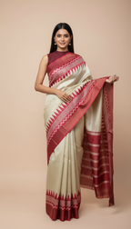 Bhagalpuri Tussar Silk Saree with Maroon Temple & Chevron Border