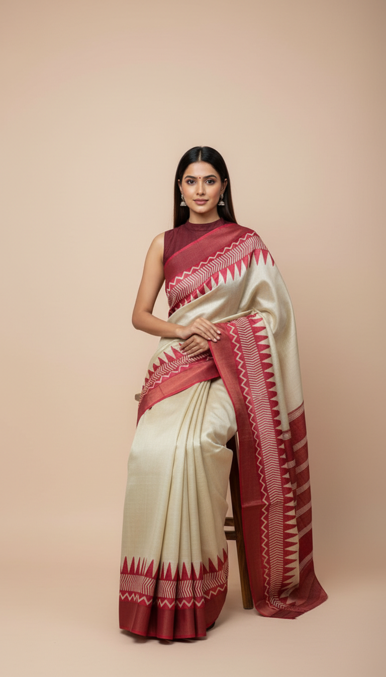 Bhagalpuri Tussar Silk Saree with Maroon Temple & Chevron Border