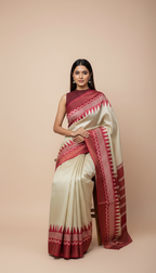 Bhagalpuri Tussar Silk Saree with Maroon Temple & Chevron Border