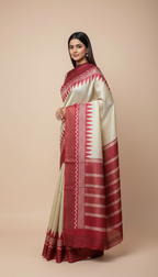 Bhagalpuri Tussar Silk Saree with Maroon Temple & Chevron Border
