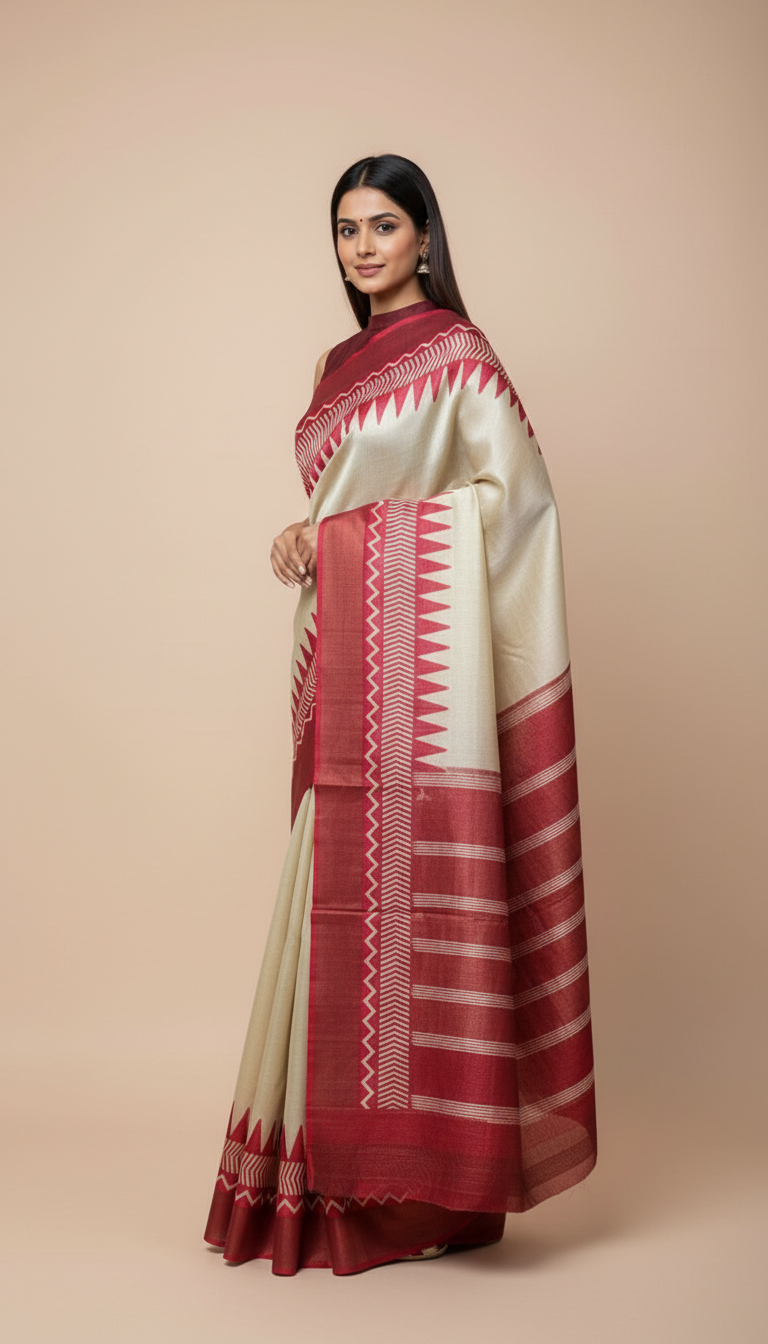 Bhagalpuri Tussar Silk Saree with Maroon Temple & Chevron Border