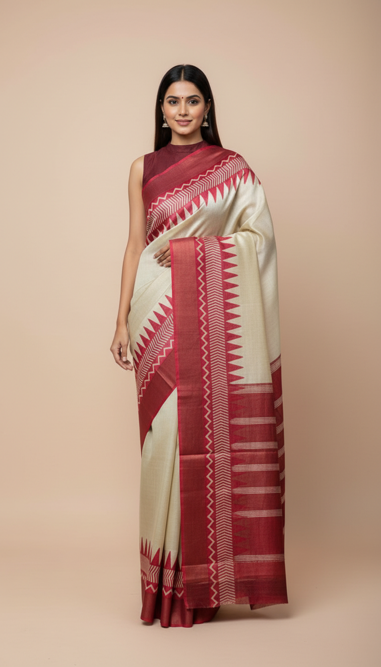 Bhagalpuri Tussar Silk Saree with Maroon Temple & Chevron Border