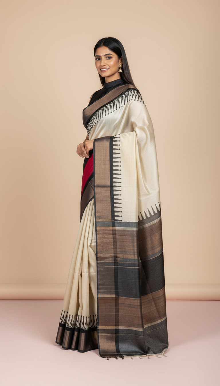 Bhagalpuri Tussar Silk Saree with Hand-Painted Paisley Pallu