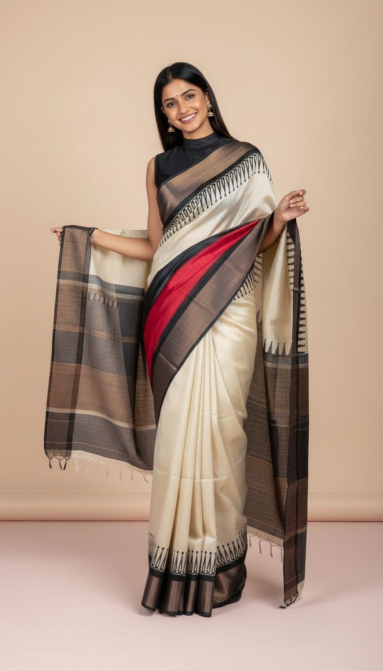 Bhagalpuri Tussar Silk Saree with Hand-Painted Paisley Pallu