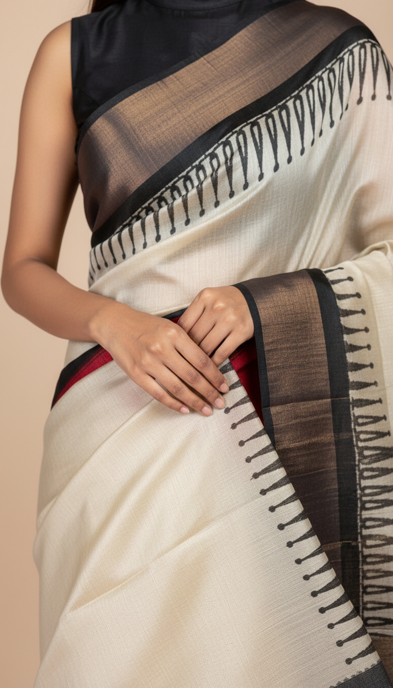 Bhagalpuri Tussar Silk Saree with Hand-Painted Paisley Pallu