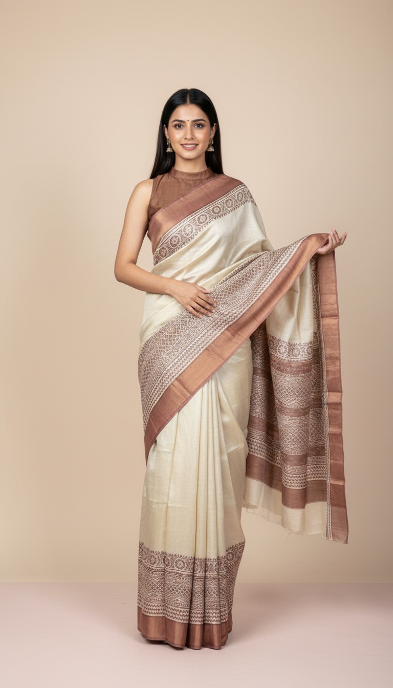 Bhagalpuri Tussar Silk Saree with Geometric Floral Borders