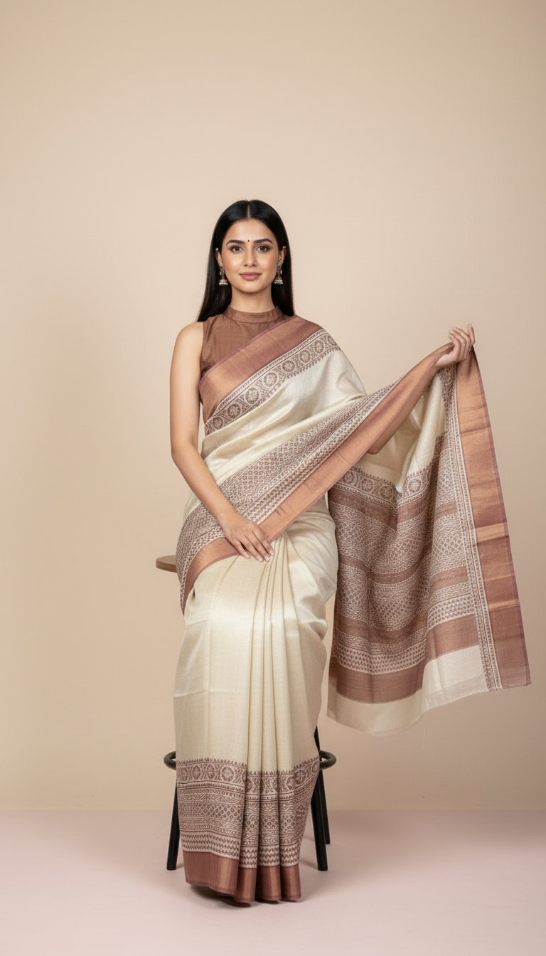 Bhagalpuri Tussar Silk Saree with Geometric Floral Borders