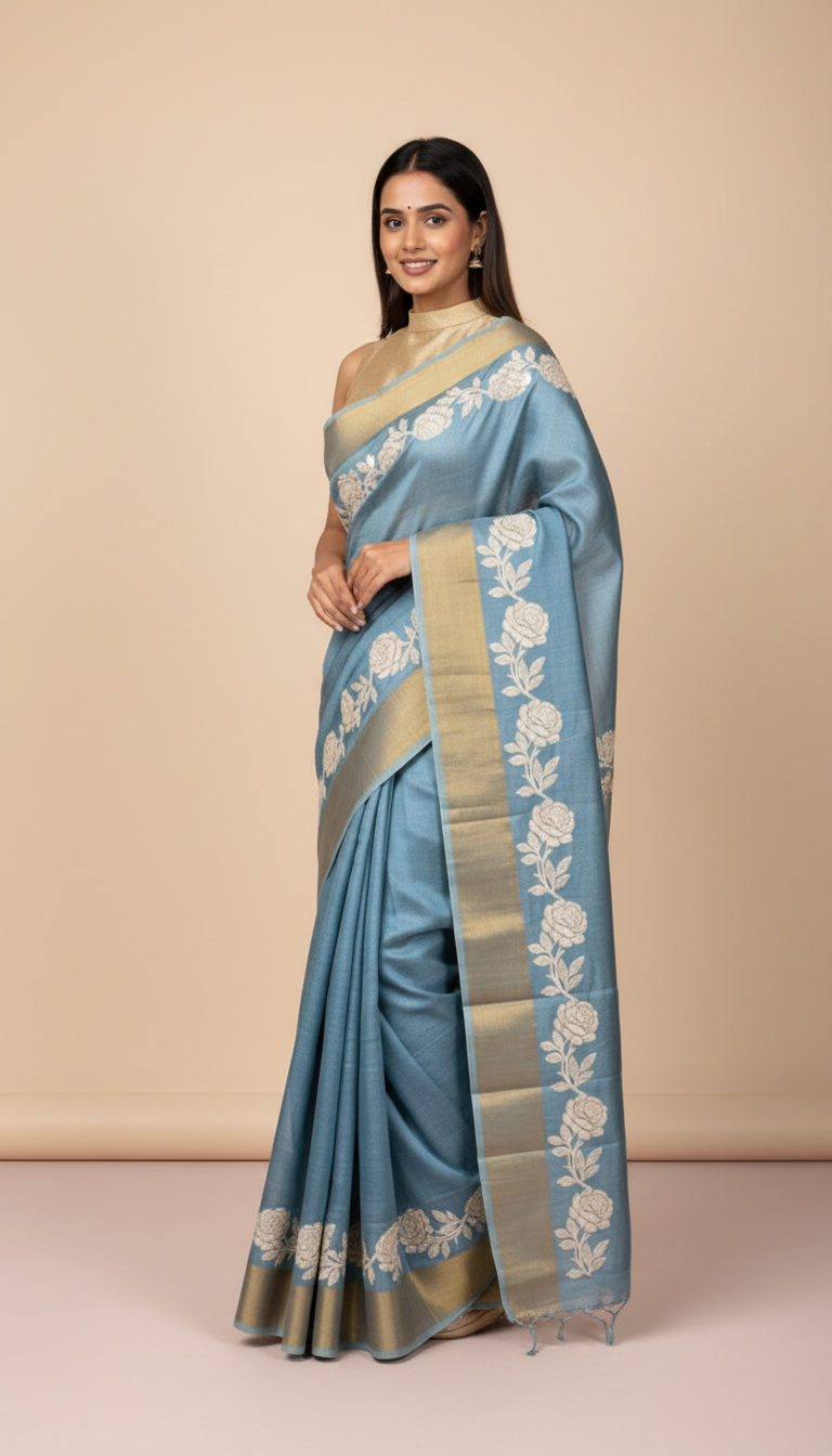 Bhagalpuri Tussar Silk Saree with Floral Rose Border