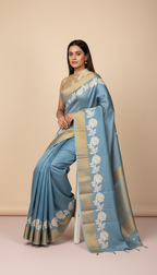 Bhagalpuri Tussar Silk Saree with Floral Rose Border
