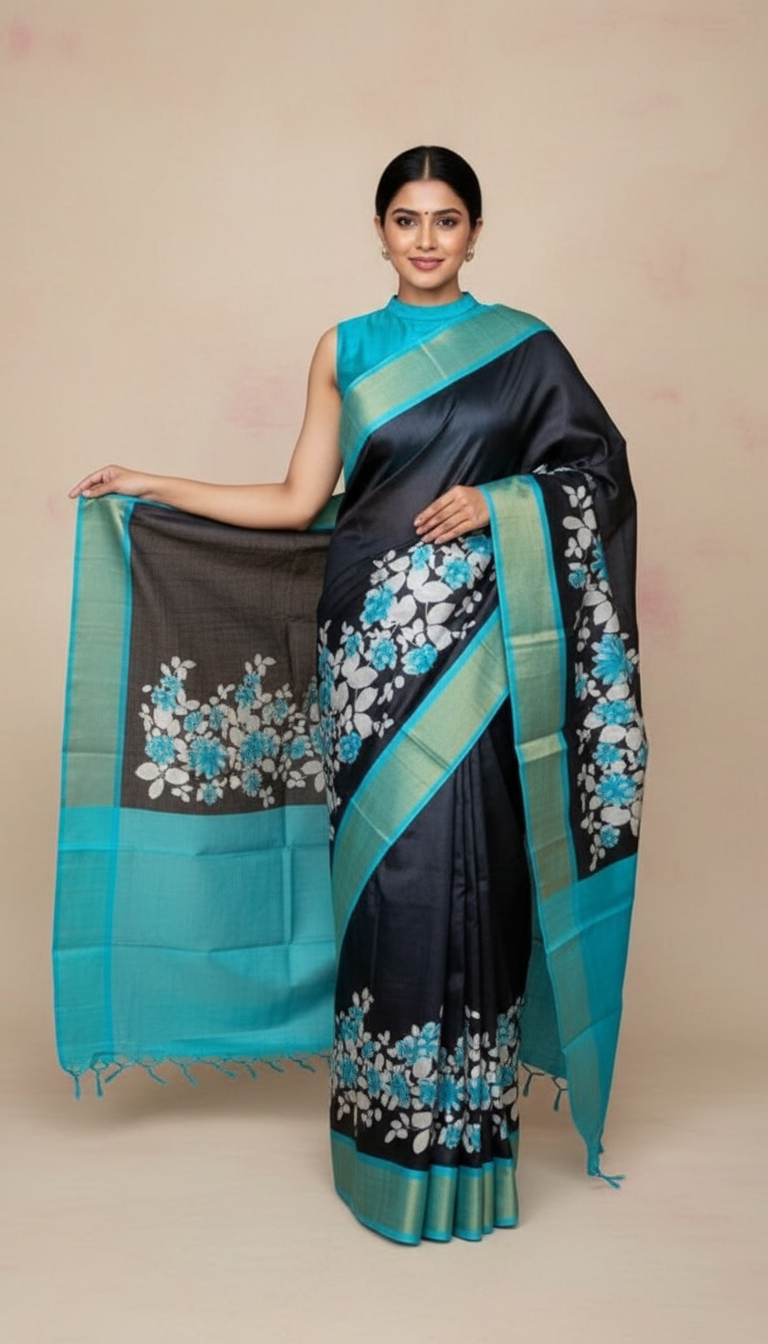 Bhagalpuri Tussar Silk Saree with Turquoise Floral Vine Pallu