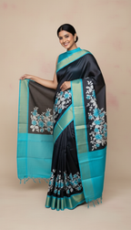 Bhagalpuri Tussar Silk Saree with Turquoise Floral Vine Pallu