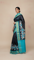 Bhagalpuri Tussar Silk Saree with Turquoise Floral Vine Pallu