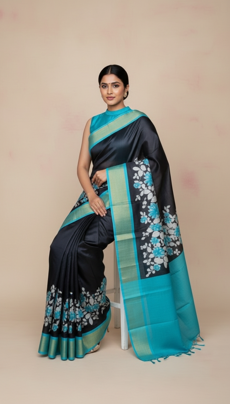 Bhagalpuri Tussar Silk Saree with Turquoise Floral Vine Pallu