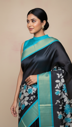 Bhagalpuri Tussar Silk Saree with Turquoise Floral Vine Pallu