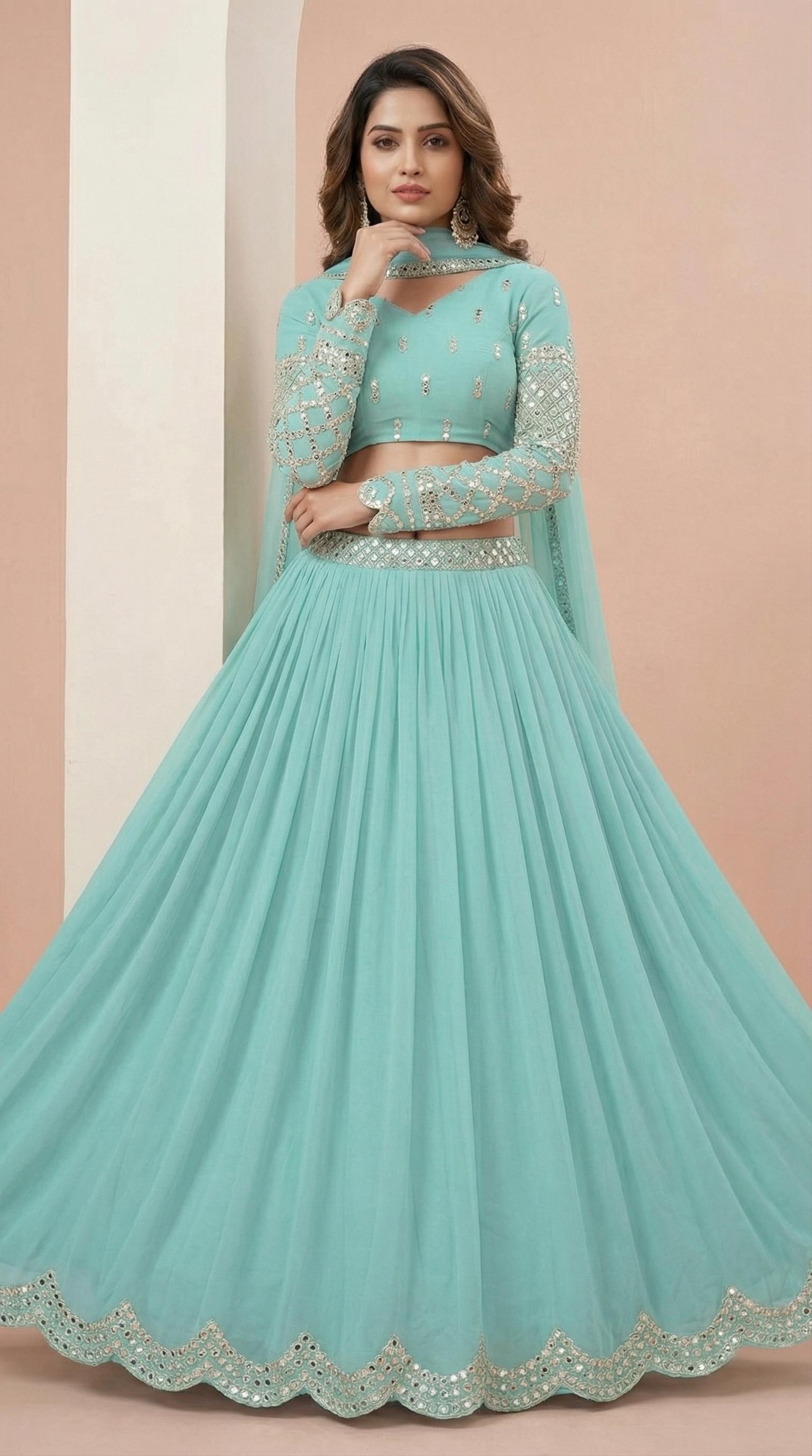 Mint Turquoise Georgette Mirror Work Lehenga Choli Set
