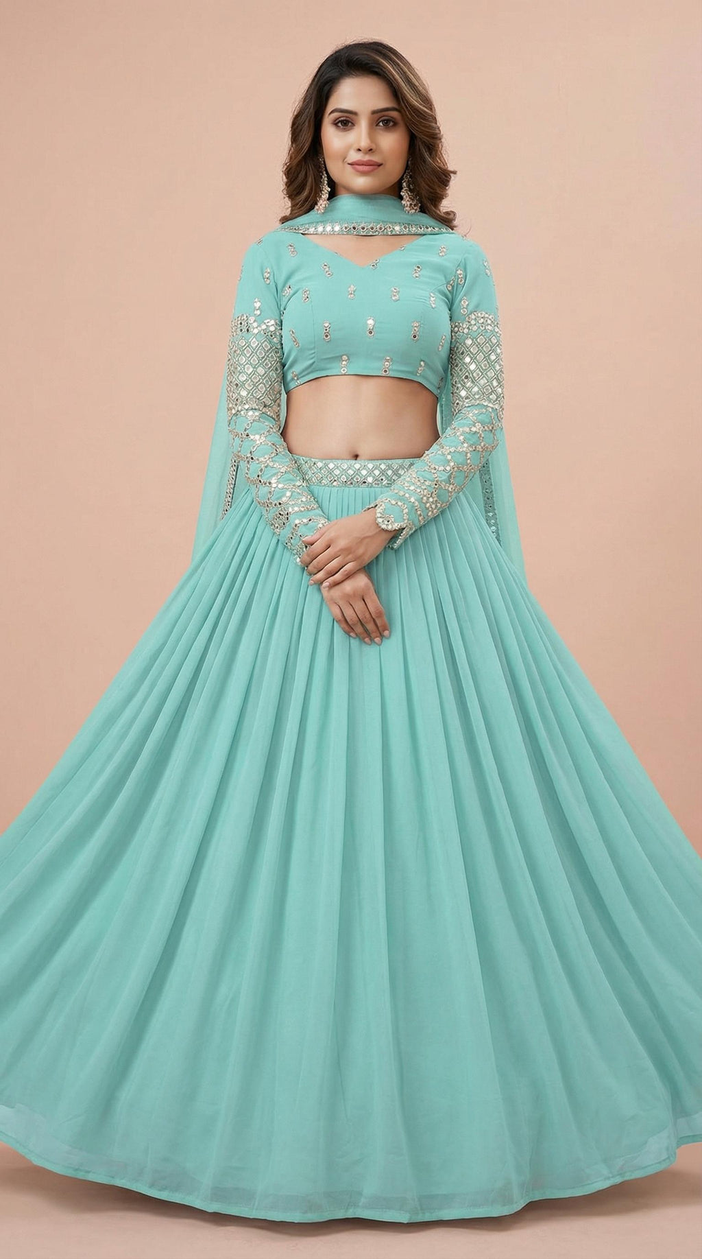 Mint Turquoise Georgette Mirror Work Lehenga Choli Set