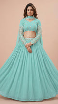 Mint Turquoise Georgette Mirror Work Lehenga Choli Set