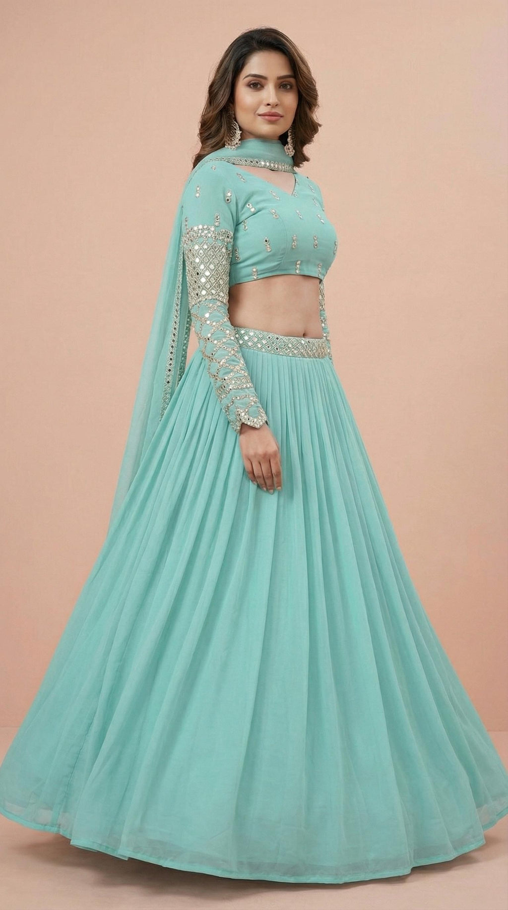 Mint Turquoise Georgette Mirror Work Lehenga Choli Set