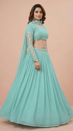 Mint Turquoise Georgette Mirror Work Lehenga Choli Set