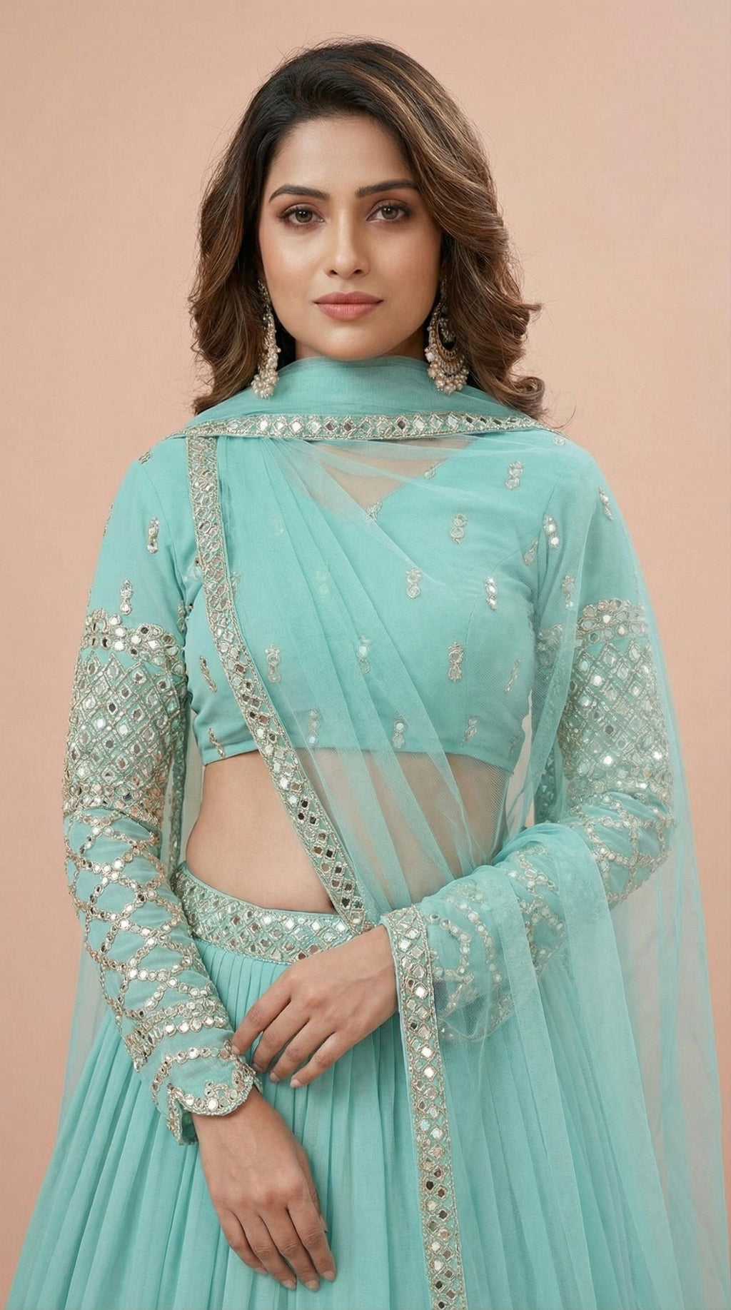 Mint Turquoise Georgette Mirror Work Lehenga Choli Set