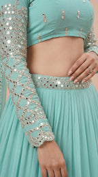 Mint Turquoise Georgette Mirror Work Lehenga Choli Set