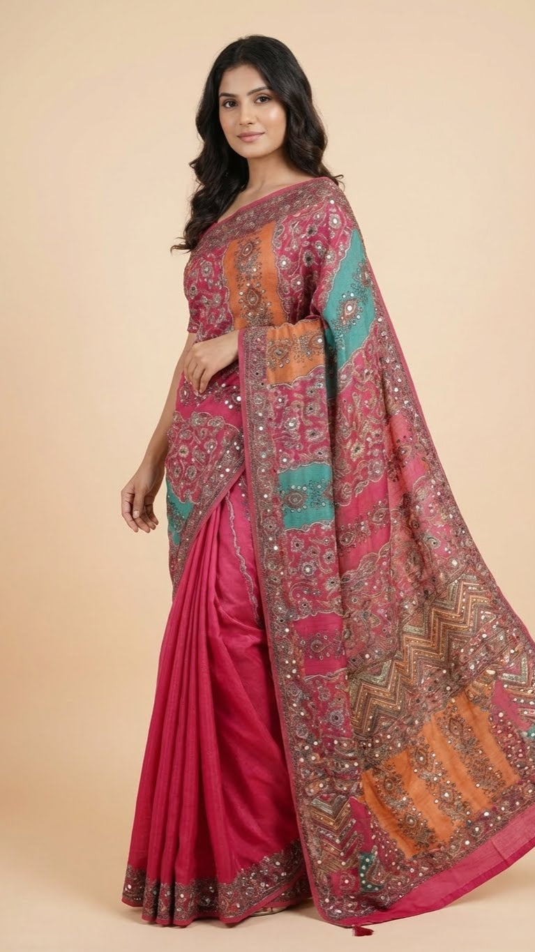 Rose Pink Heavy Chinon Saree with Digital Print & Mirror Work