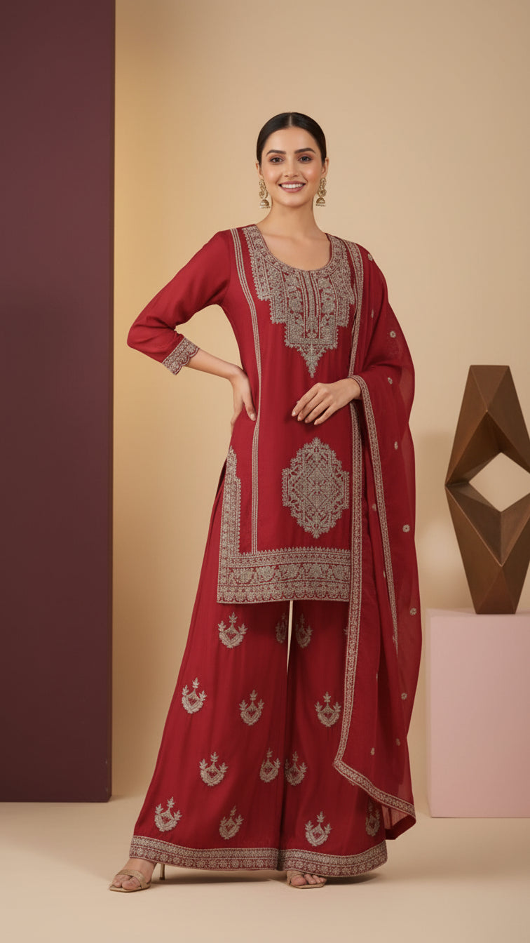 Red Vichitra Silk 3-Piece Plazo Set – Women’s Wedding & Party Wear