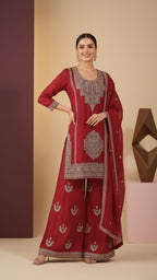 Red Vichitra Silk 3-Piece Plazo Set – Women’s Wedding & Party Wear