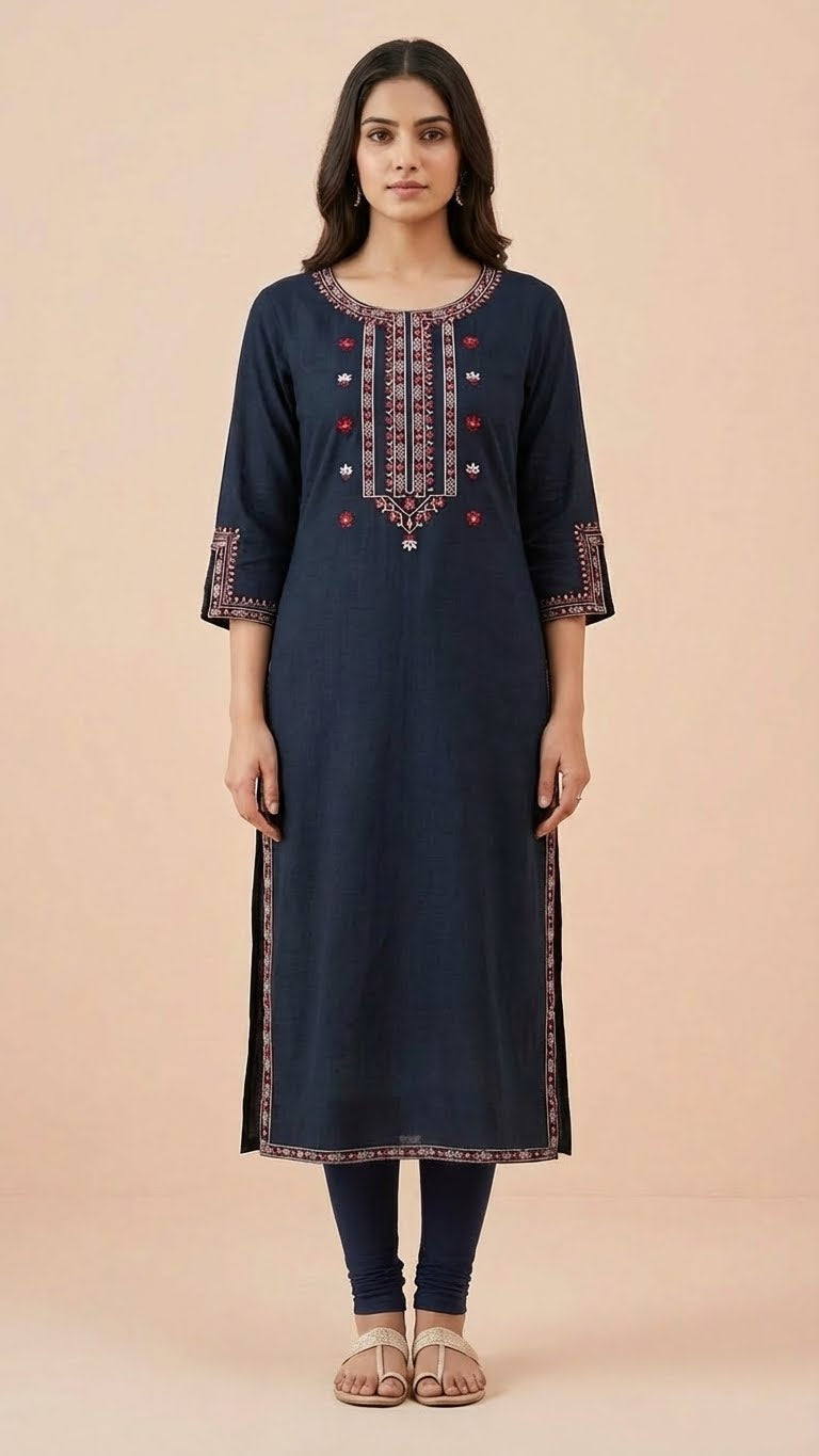 Navy Blue Soft Cotton Long Kurti with Elegant Thread Work & Stylish Sleeves