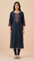 Navy Blue Soft Cotton Long Kurti with Elegant Thread Work & Stylish Sleeves