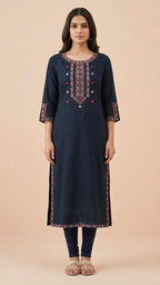 Navy Blue Soft Cotton Long Kurti with Elegant Thread Work & Stylish Sleeves