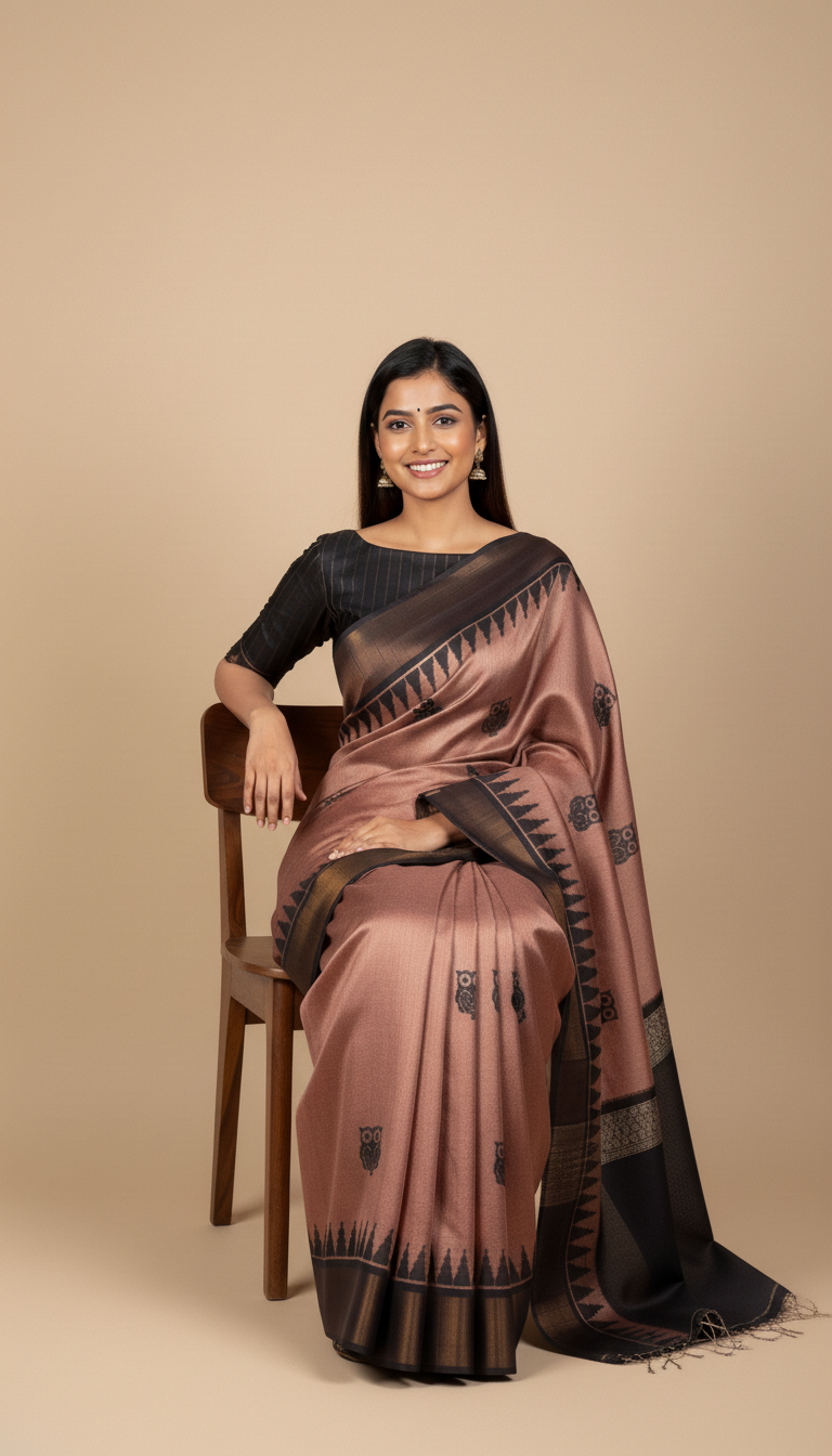 Bhagalpuri Tussar Silk Saree with Owl Motifs and Temple Border