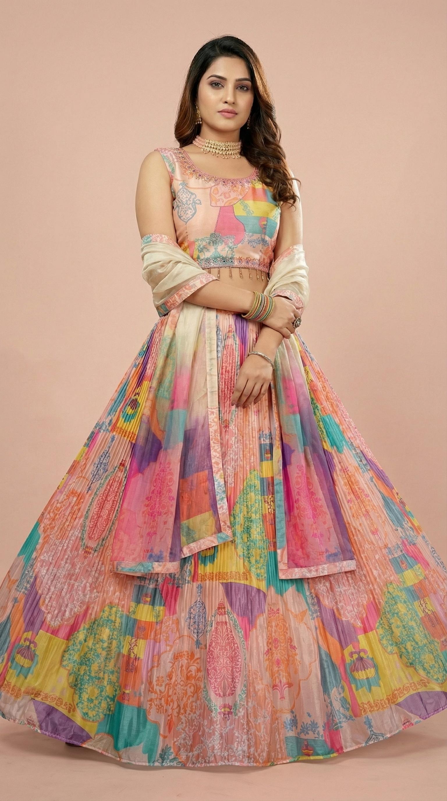 Peach Multi Color Digital Print Lehenga Choli Set