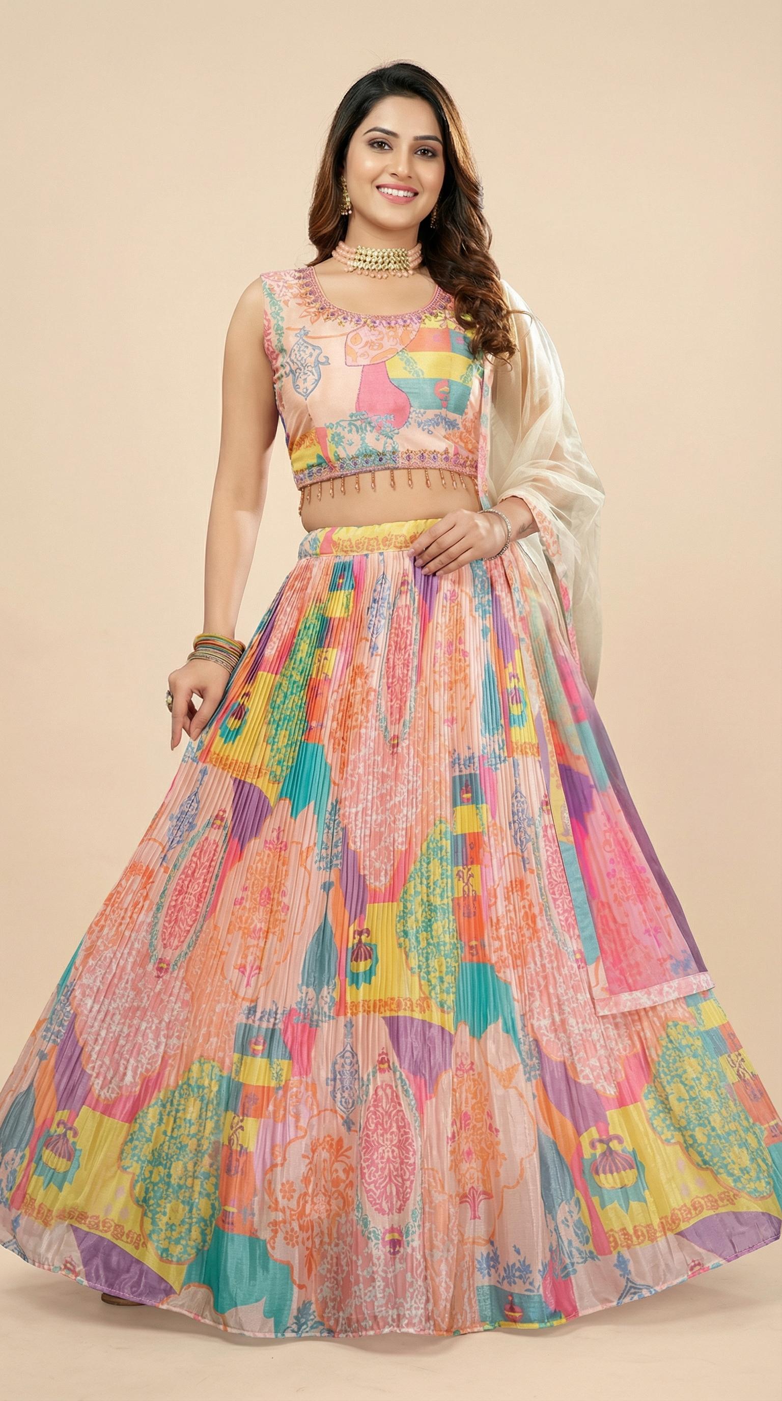 Peach Multi Color Digital Print Lehenga Choli Set