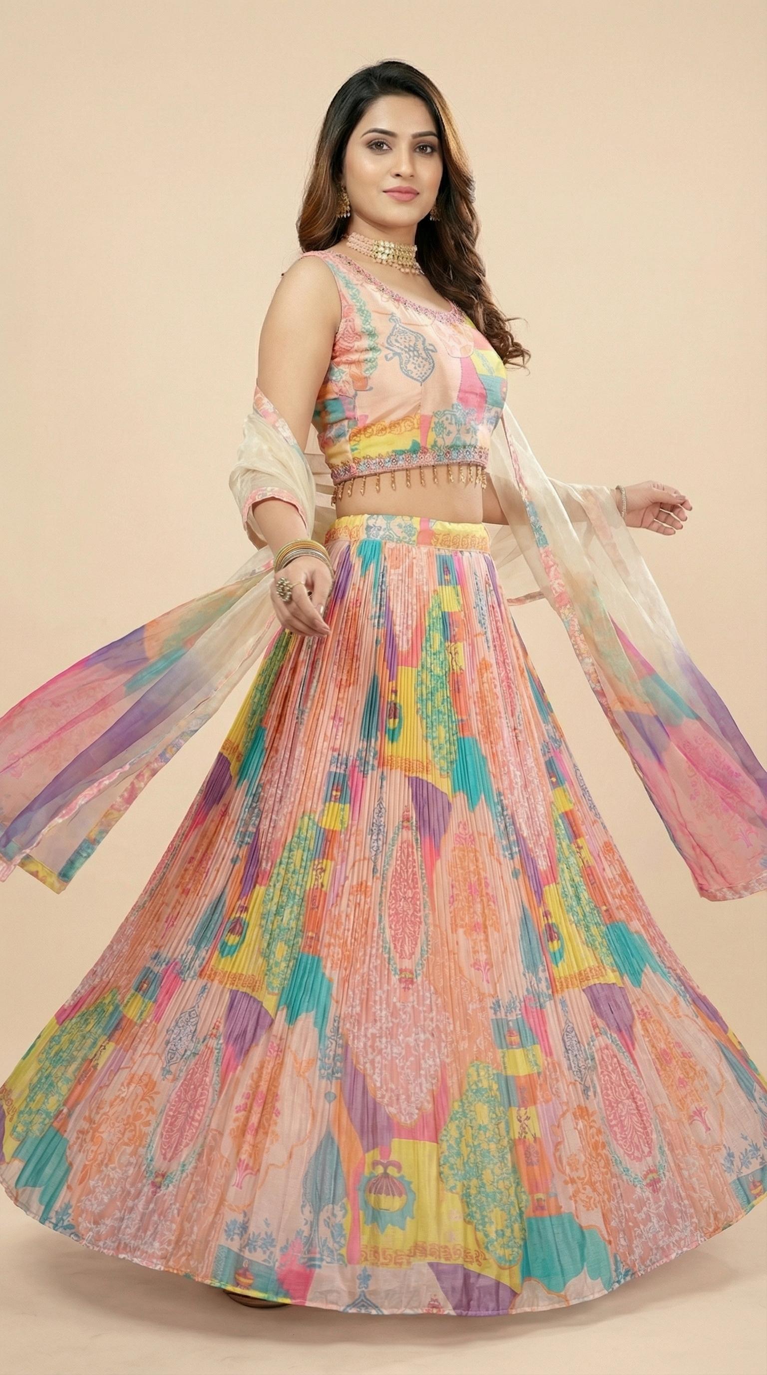 Peach Multi Color Digital Print Lehenga Choli Set