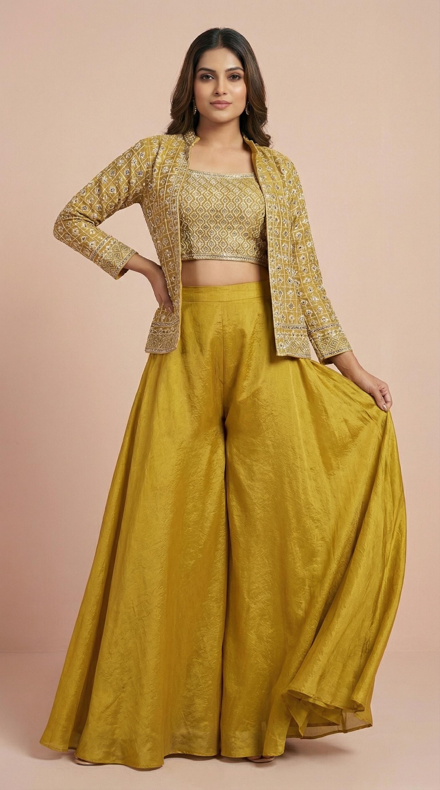 Mustard Gold Geometric Embroidered Palazzo Set with Jacket