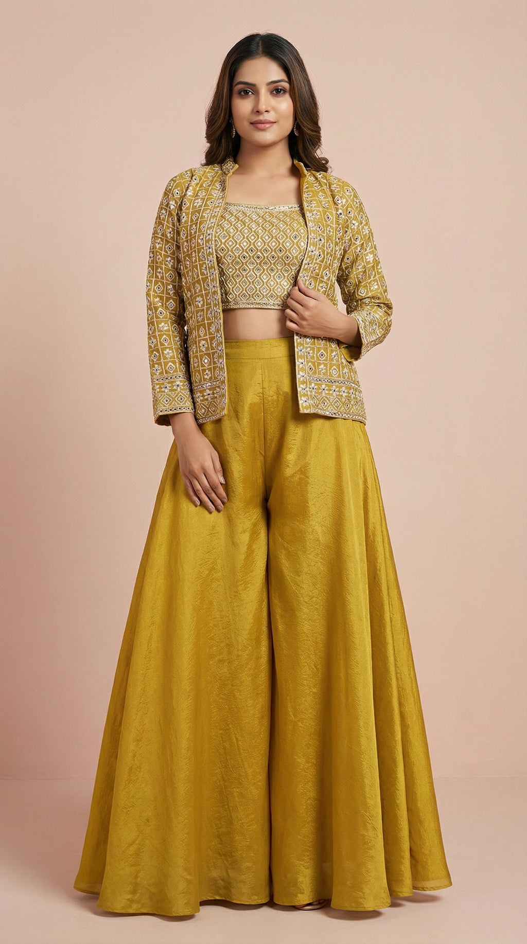 Mustard Gold Geometric Embroidered Palazzo Set with Jacket