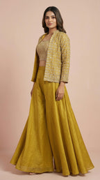 Mustard Gold Geometric Embroidered Palazzo Set with Jacket