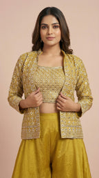 Mustard Gold Geometric Embroidered Palazzo Set with Jacket