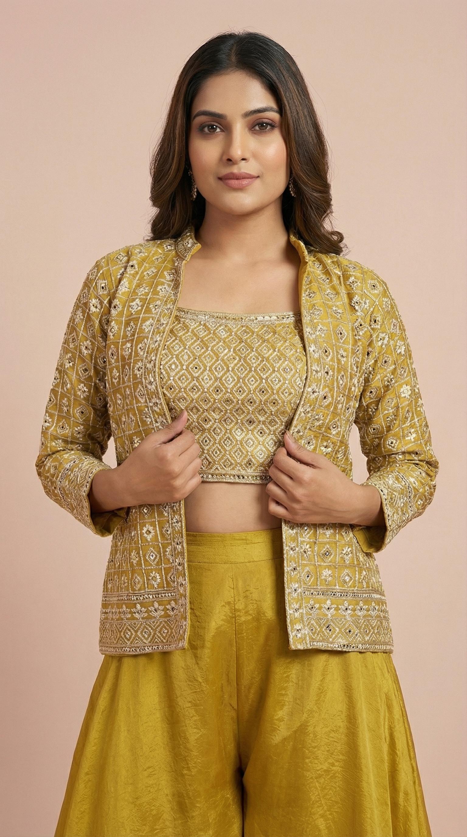 Mustard Gold Geometric Embroidered Palazzo Set with Jacket