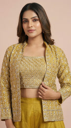 Mustard Gold Geometric Embroidered Palazzo Set with Jacket