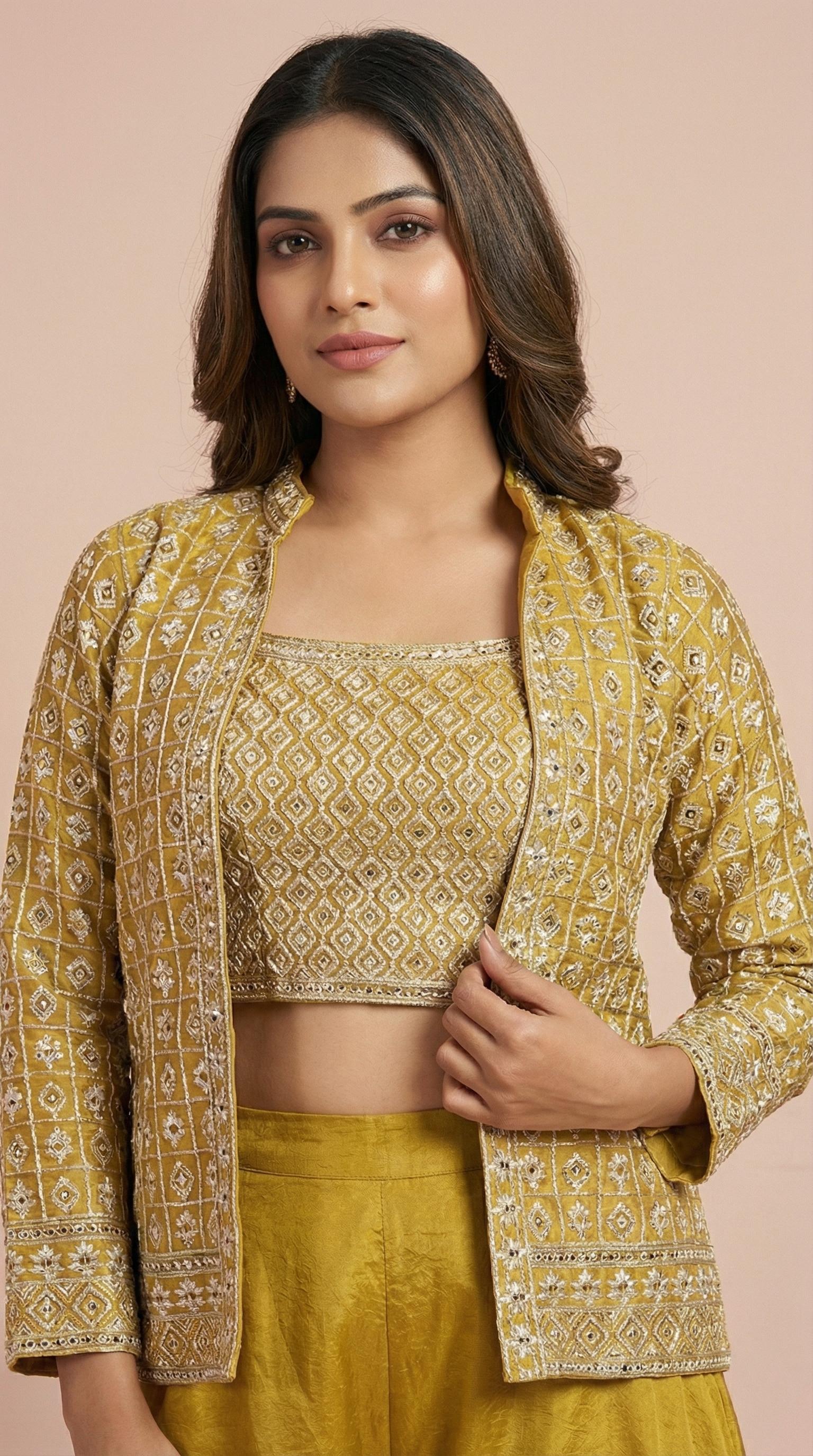 Mustard Gold Geometric Embroidered Palazzo Set with Jacket