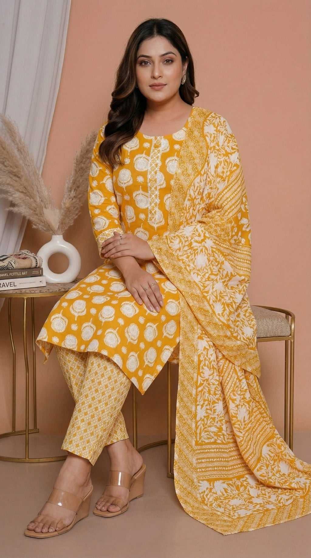 Ensemble tailleur en coton imprimé jaune moutarde