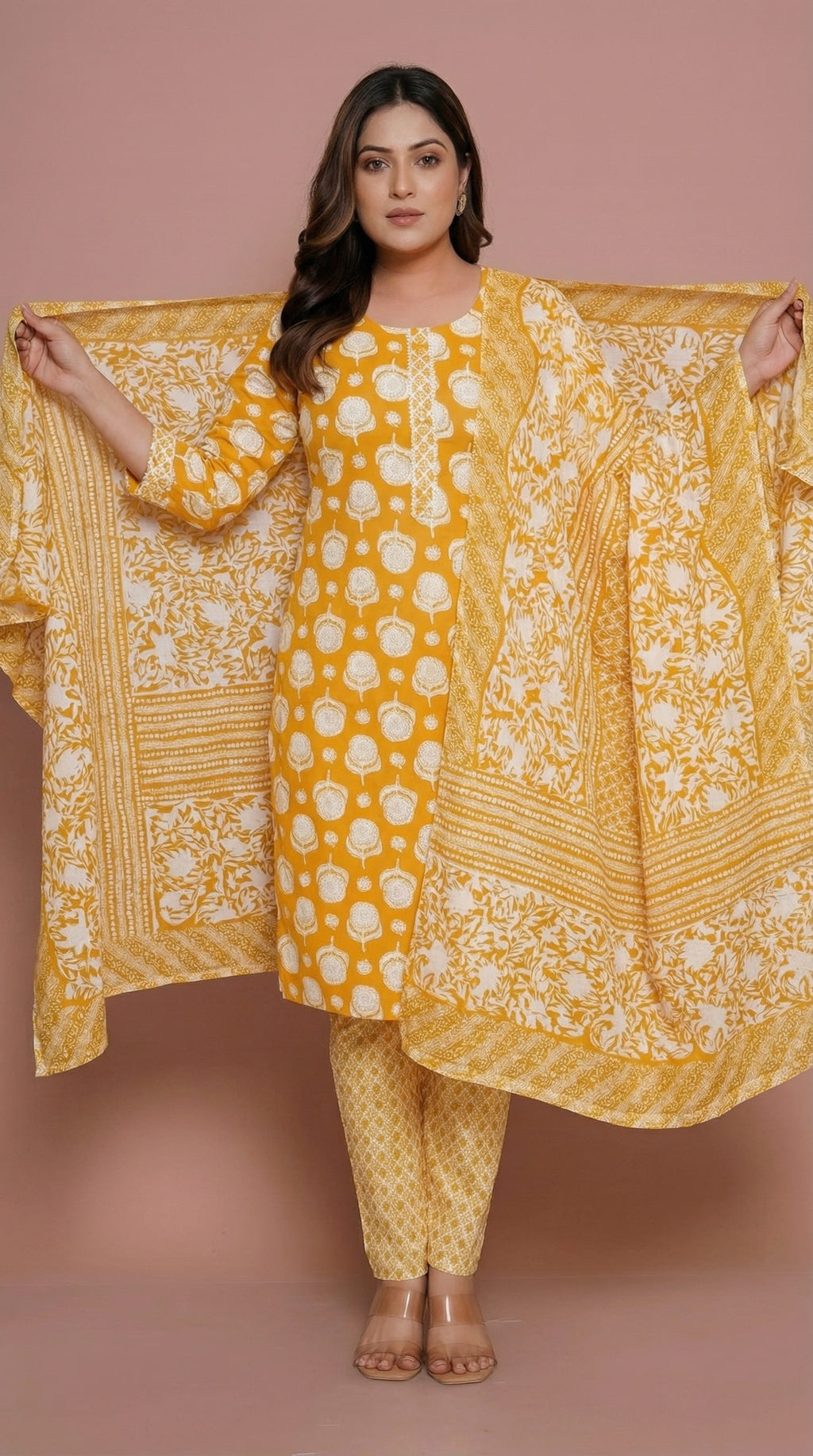 Ensemble tailleur en coton imprimé jaune moutarde